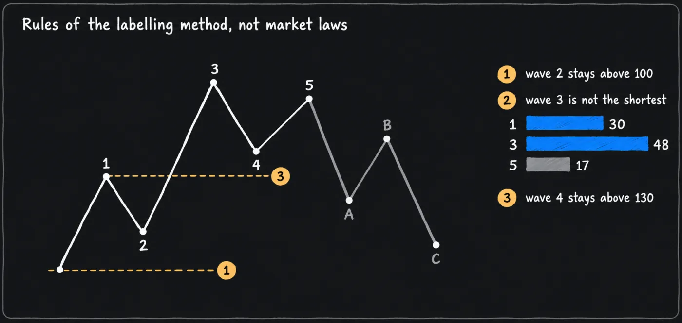 A line chart of a five-wave rise from 100 to 155 then a three-wave fall, with dashed lines at 100 and 130 for the rules on waves 2 and 4, and bars of 30, 48 and 17 for waves 1, 3 and 5.