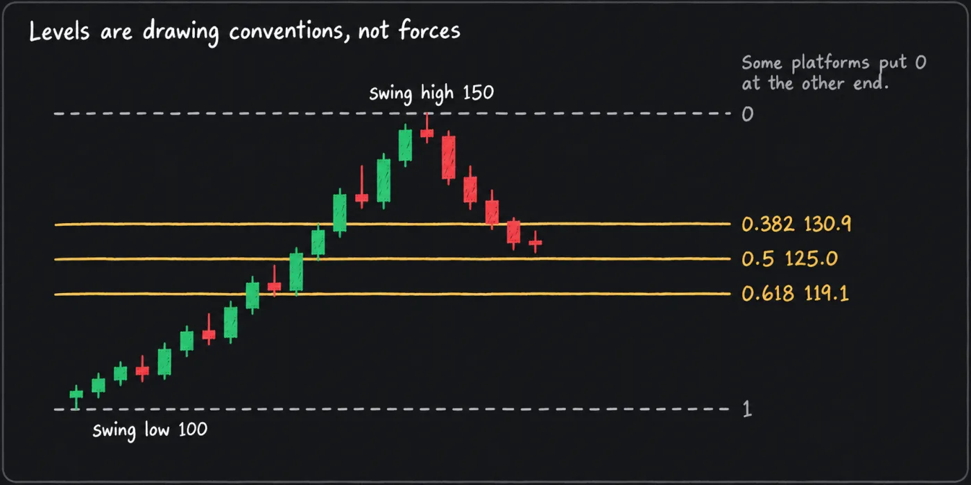 A candlestick chart of a rise from 100 to 150 followed by a pullback, with horizontal lines at 130.9, 125 and 119.1 for the 0.382, 0.5 and 0.618 retracement levels, and the 0 and 1 lines at the high and low.